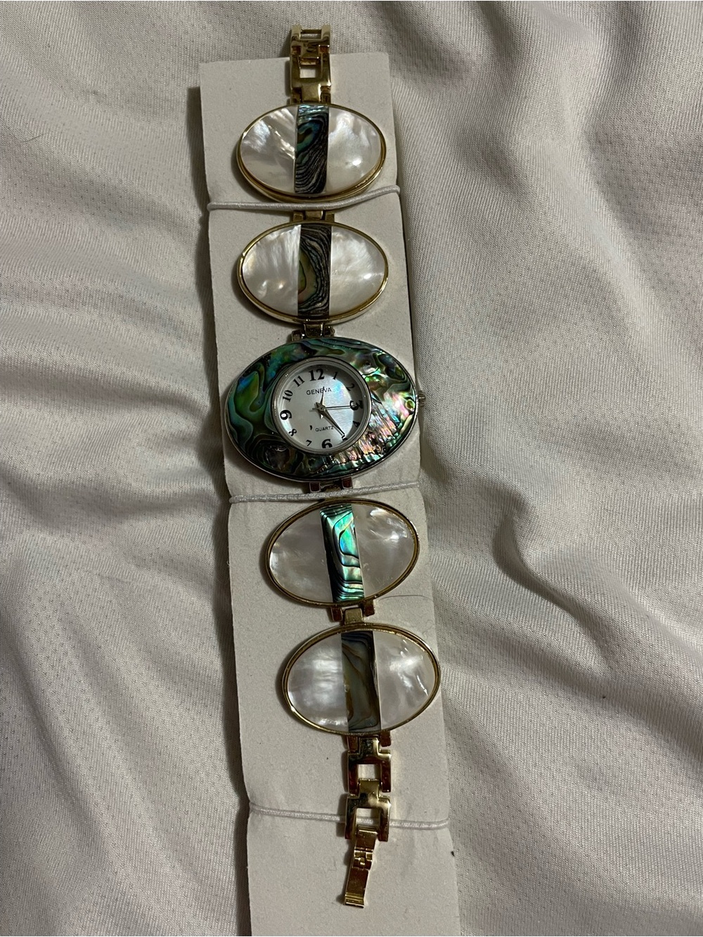 Vintage GENEVA Gold-Tone Bracelet Watch with Abalone and Mother-of-Pearl Accents